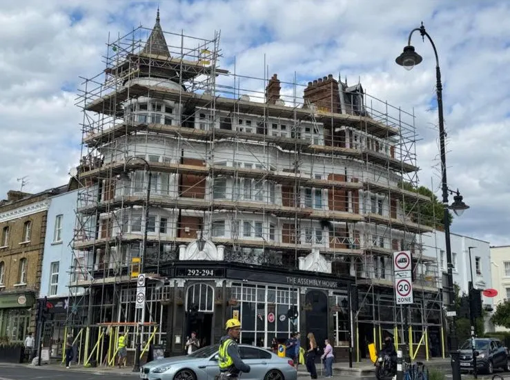 Assembly House Kentish Town full wrap scaffold from street level