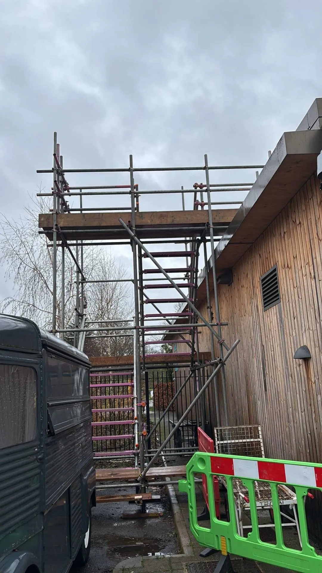 Access scaffold with stair tower on heritage site building, Royal Botanic Gardens Kew