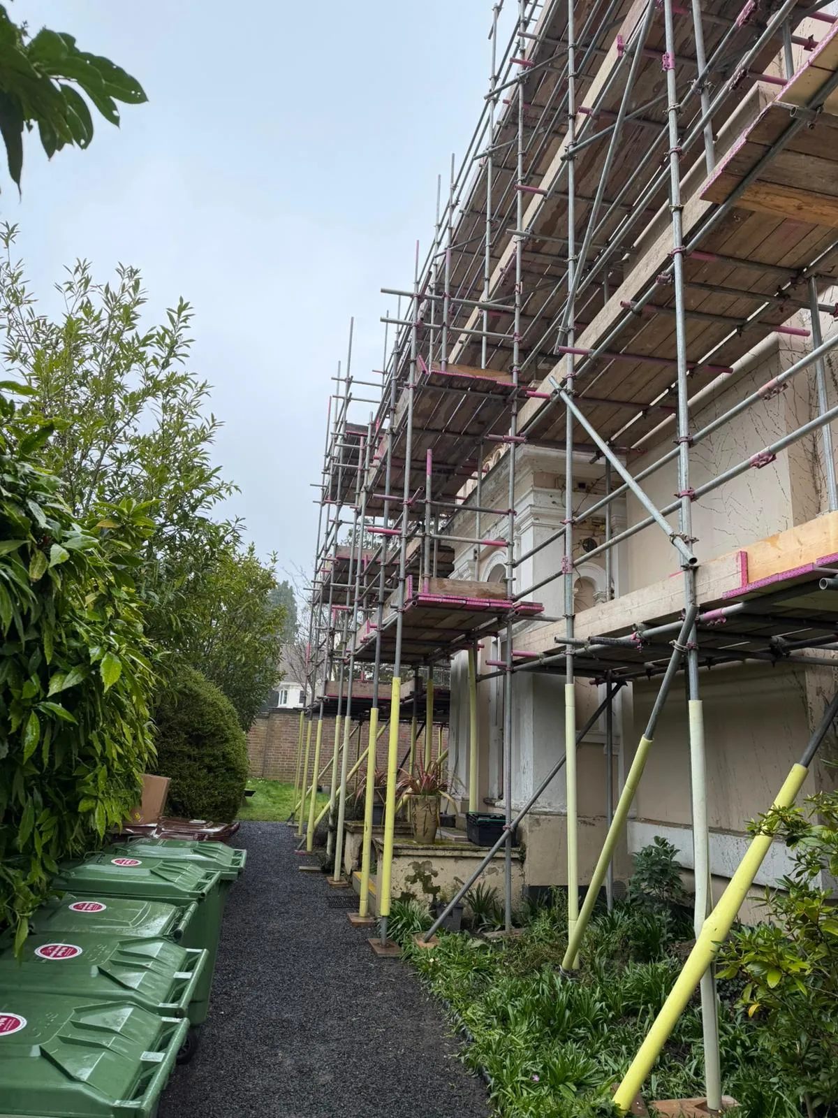 Multi-lift scaffold along rear elevation with ground protection, Salvation Army Citadel Sevenoaks